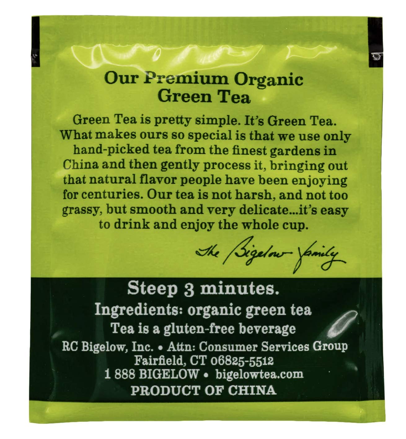 BIGELOW TEA Green Tea Unflavored Caffeinated Teabag Box Organic