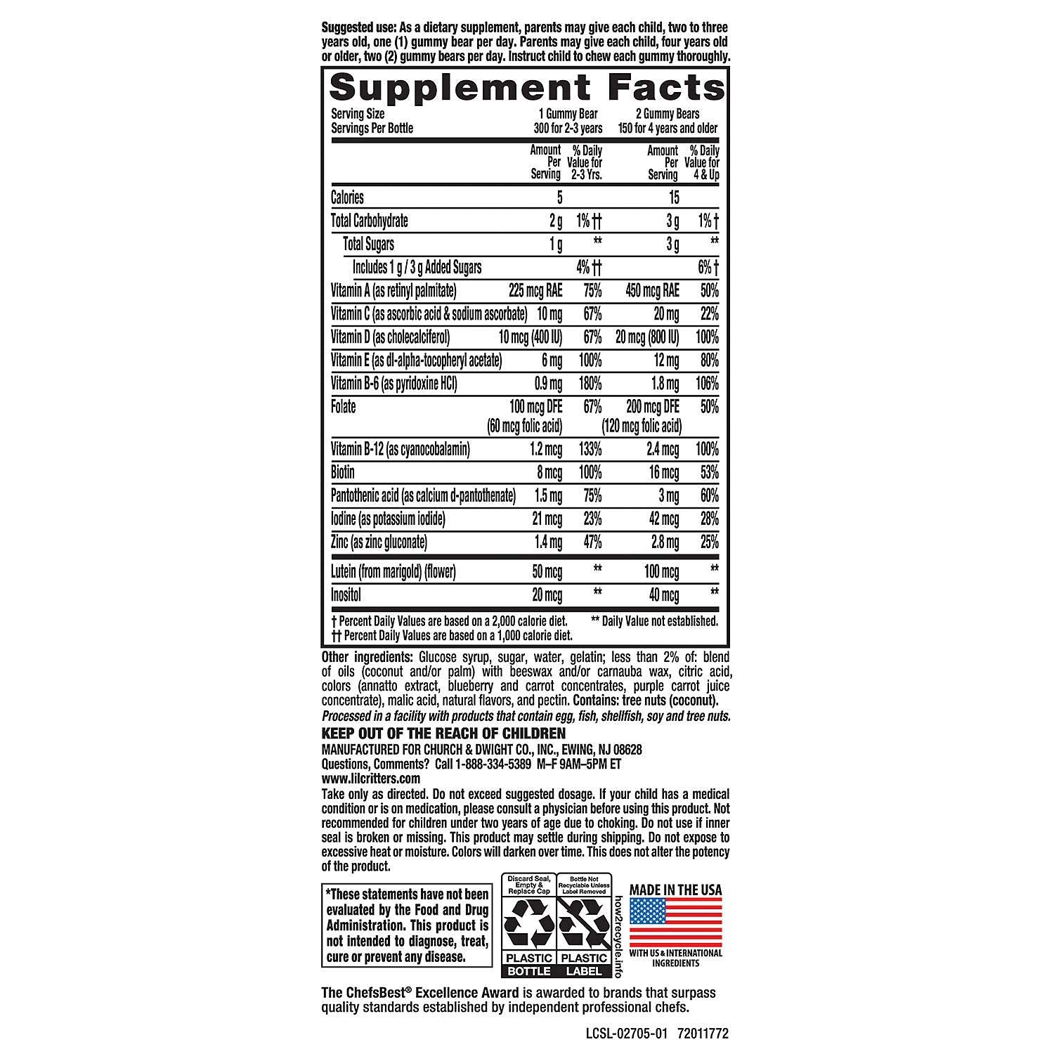 Gummy Vites Children's Chewable Gummy Bear Multivitamin Dietary Supplement, 300 Count - Amazon 786