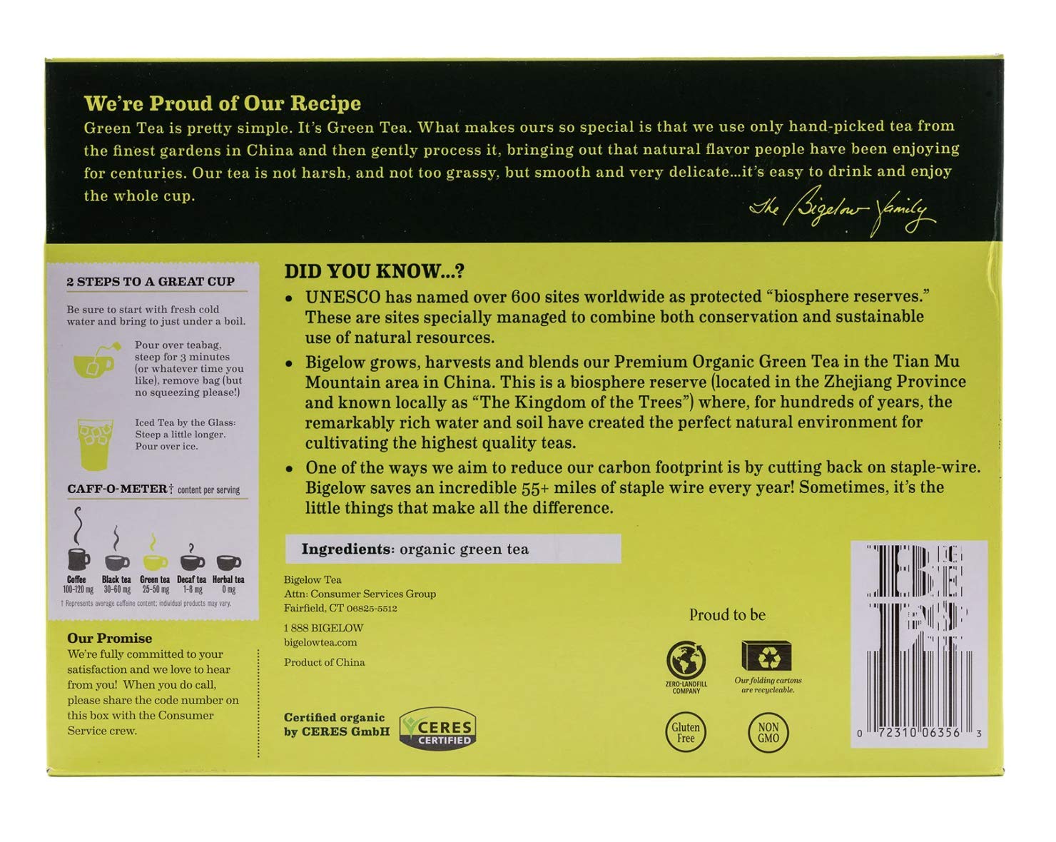 BIGELOW TEA Green Tea Unflavored Caffeinated Teabag Box Organic