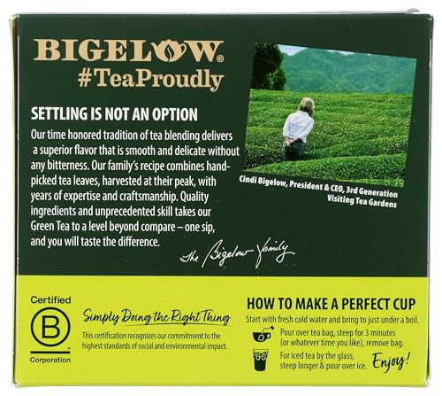 BIGELOW TEA Green Tea Unflavored Caffeinated Teabag Box Organic