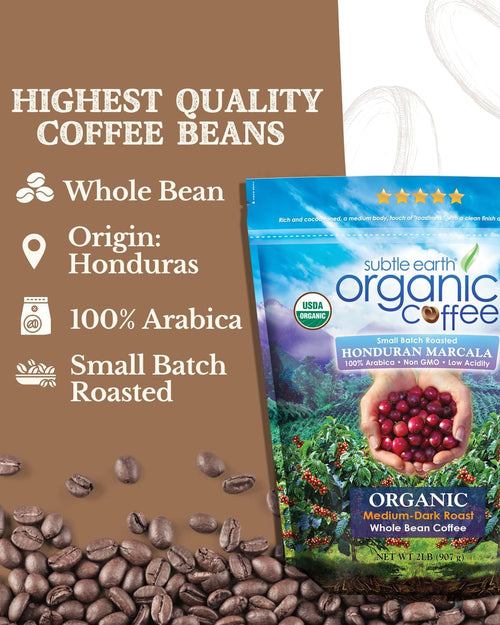 2LB Subtle Earth Organic Coffee - Medium-Dark Roast - Whole Bean Coffee - 100% Arabica Beans - Low Acidity and Non-GMO - 2lb bag - Amazon 786