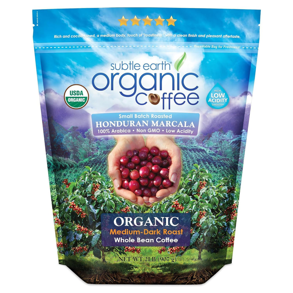 2LB Subtle Earth Organic Coffee - Medium-Dark Roast - Whole Bean Coffee - 100% Arabica Beans - Low Acidity and Non-GMO - 2lb bag - Amazon 786