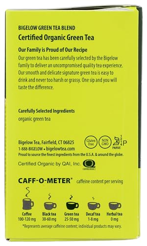BIGELOW TEA Green Tea Unflavored Caffeinated Teabag Box Organic